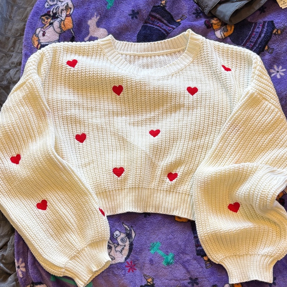SHEIN Cream Sweater with Red Hearts
